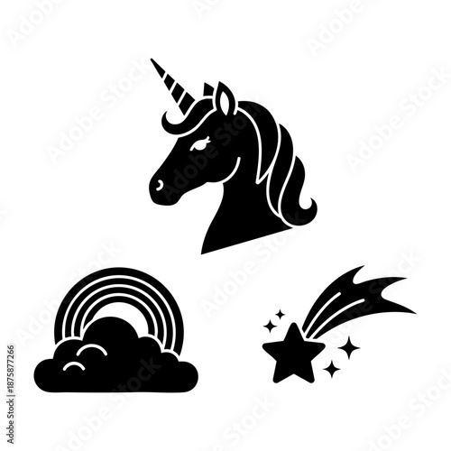 Unicorn Fantasy Love Rainbow and Shooting Star Three Silhouette Set