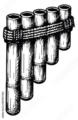 Hand drawn illustration of a pan flute depicting a traditional musical instrument for folk music designs