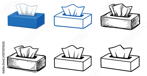 Cartoon and hand drawn tissue box set featuring line art and sketch styles for hygiene and health
