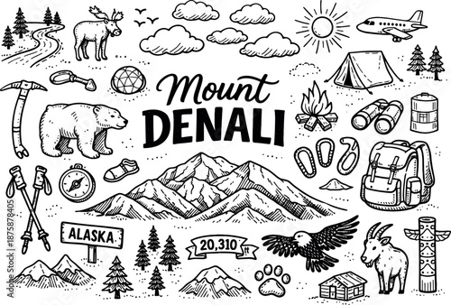 Image Generation. Mount Denali hand drawn doodle elements set, center hand-lettered title, black & white vector line art, bold