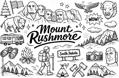 Image Generation. Mount Rushmore hand drawn doodle elements set, center hand-lettered title, black & white vector line art, bold