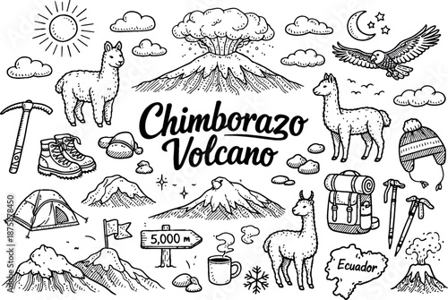 Image Generation. Chimborazo volcano hand drawn doodle elements set, center hand-lettered title, black & white vector line art,