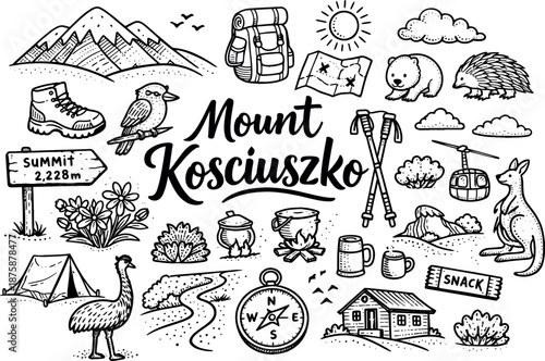 Image Generation. Mount Kosciuszko hand drawn doodle elements set, center hand-lettered title, black & white vector line art, bold