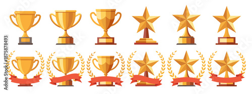 Collection of gold awards trophies and stars with ribbons for achievements. Set of award icons.