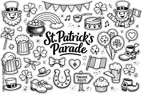 Image Generation. St Patrick’s parade hand drawn doodle elements set, center hand-lettered title, black & white vector line art,