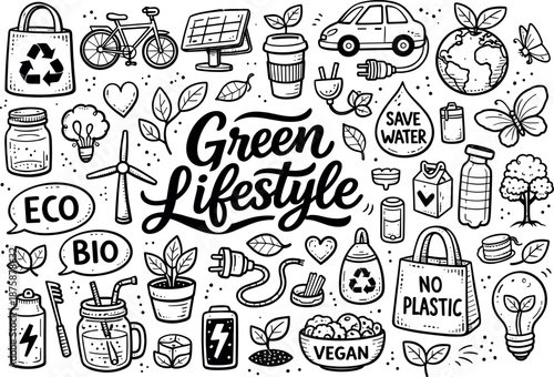 Image Generation. Green lifestyle theme hand drawn doodle elements set, center hand-lettered title, black & white vector line art,