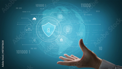 Cyber security interface with biometric and AI-powered protection system. Cyber security secures access, cybersecurity protects identity, cybersecurity detects threats, and defends data. Vouch © InfiniteFlow