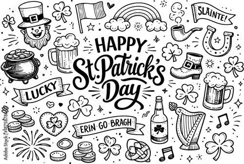 Image Generation. Festive Irish typography hand drawn doodle elements set, center hand-lettered title, black & white vector line