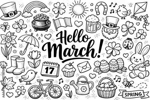 Image Generation. March holiday celebration hand drawn doodle elements set, center hand-lettered title, black & white vector line