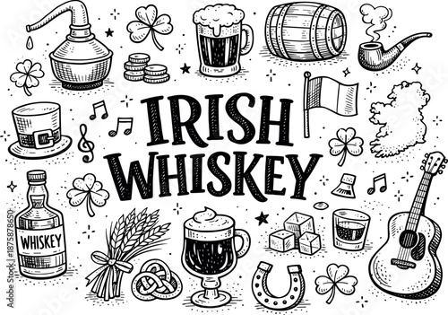 Image Generation. Irish national spirit hand drawn doodle elements set, center hand-lettered title, black & white vector line art,