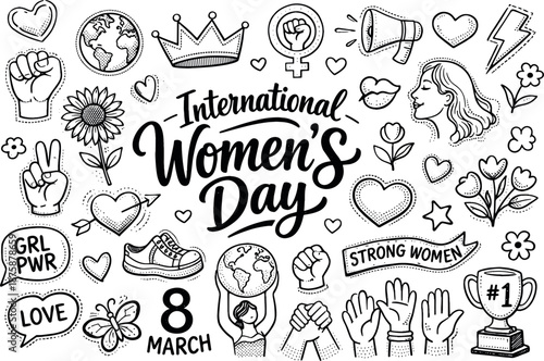 Wallpaper Mural Image Generation. International Women’s Day hand drawn doodle elements set, center hand-lettered title, black & white vector line Torontodigital.ca