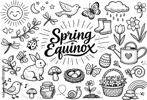 Image Generation. Spring Equinox hand drawn doodle elements set, center hand-lettered title, black & white vector line art, bold