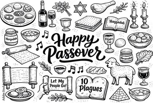 Image Generation. Passover hand drawn doodle elements set, center hand-lettered title, black & white vector line art, bold clean