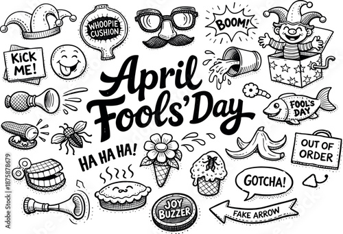 Image Generation. April Fools’ Day hand drawn doodle elements set, center hand-lettered title, black & white vector line art, bold