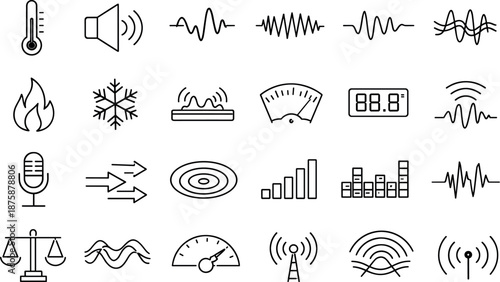 Image Generation. Line style icons of acoustic changes with temperature: thermometer, speaker, low/high-frequency waveform,