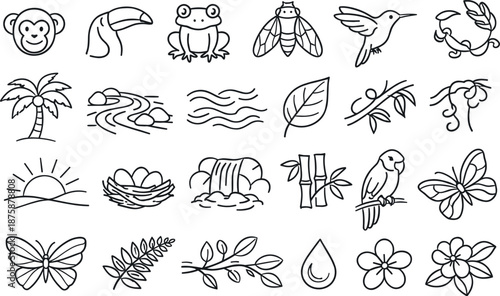 Image Generation. Line style icons of morning forest chorus: monkey, toucan, frog, cicada, hummingbird, palm tree, flowing river,