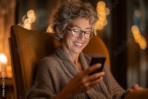 Mature woman wearing soft clothes sitting in the chair at cozy home and scrolling through her smartphone with a gentle smile