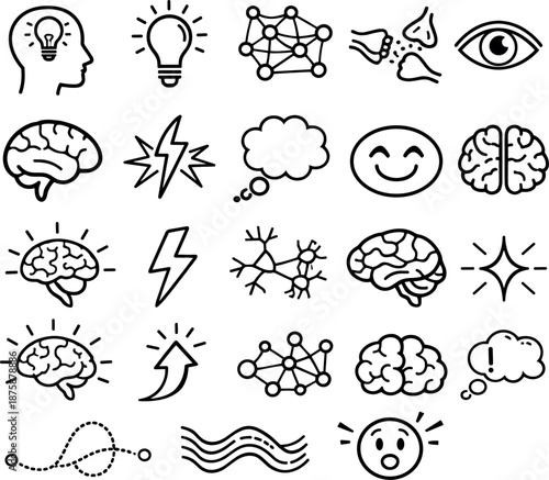 Image Generation. Line style icons of cognitive “aha” and humor: head silhouette, light bulb, neuron network, synapse, brain