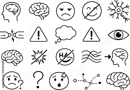 Image Generation. Line style icons of humorlessness due to brain damage: head silhouette, brain outline, frowning face,