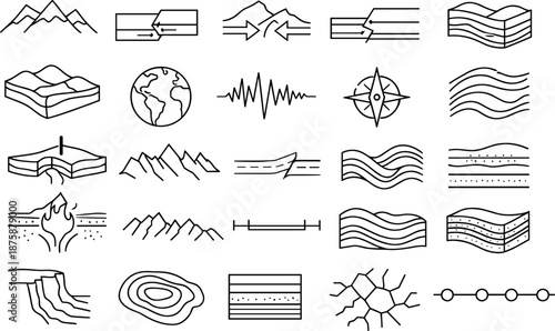 Image Generation. Line style icons of plate tectonics creating mountains: mountain range, tectonic plates, arrows showing