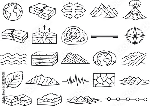 Tectonic Plate Dynamics. Line style icons of plate drift over geological time: Earth globe, tectonic plates, arrows showing