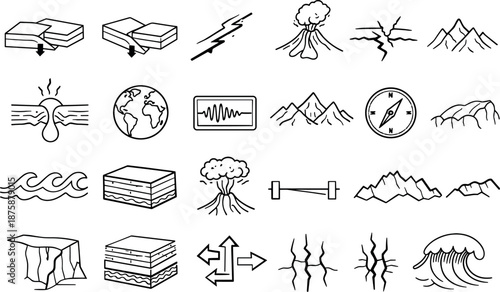 Image Generation. Line style icons of subduction-related earthquakes and volcanism: tectonic plates, arrows indicating subduction,