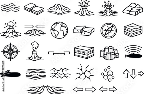 Image Generation. Line style icons of underwater ridge and crust formation: ocean waves, tectonic plates, ridge outline, magma