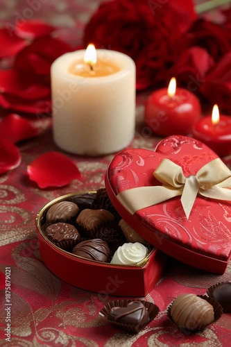 Red box of assorted chocolates in the shape of a heart with a golden ribbon on a background of rose petals and a burning candles. Gift for Valentine's Day