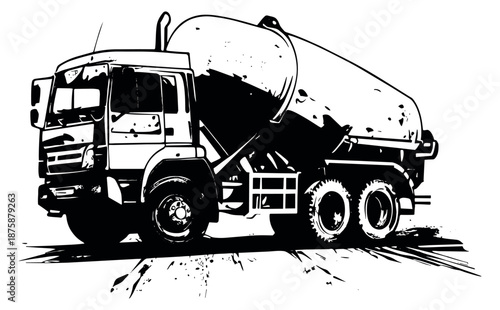 Grunge style line art illustration of a cement mixer truck depicting heavy duty construction for industrial and building projects