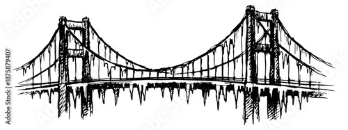 Hand drawn line art illustration of a suspension bridge depicting an iconic structure for architectural design and travel concepts