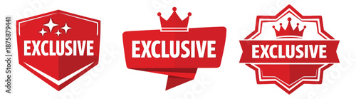 Modern badges set featuring exclusive text, crowns, and sparkle icons for product promotion and special offers