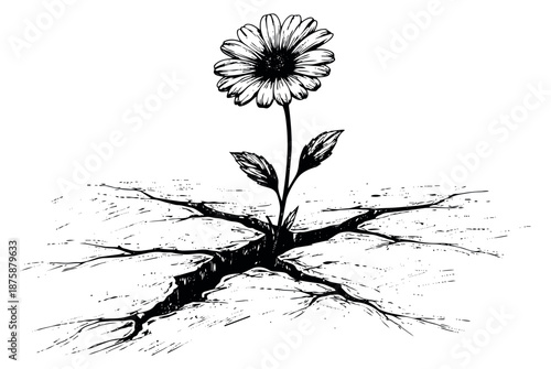 Hand drawn line art illustration of a daisy flower depicting growth from cracked ground for themes of resilience and hope