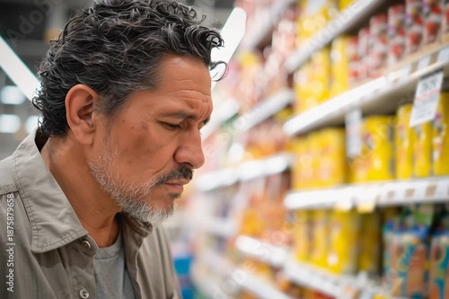 A surprised mature Latin American man looks at the price tags in the supermarket