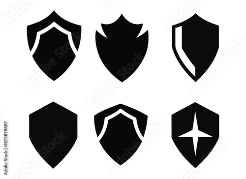 Collection of six unique shield silhouette vector icons, featuring diverse geometric shapes and protection themes. Essential graphic elements for security, defense, and safeguarding concepts