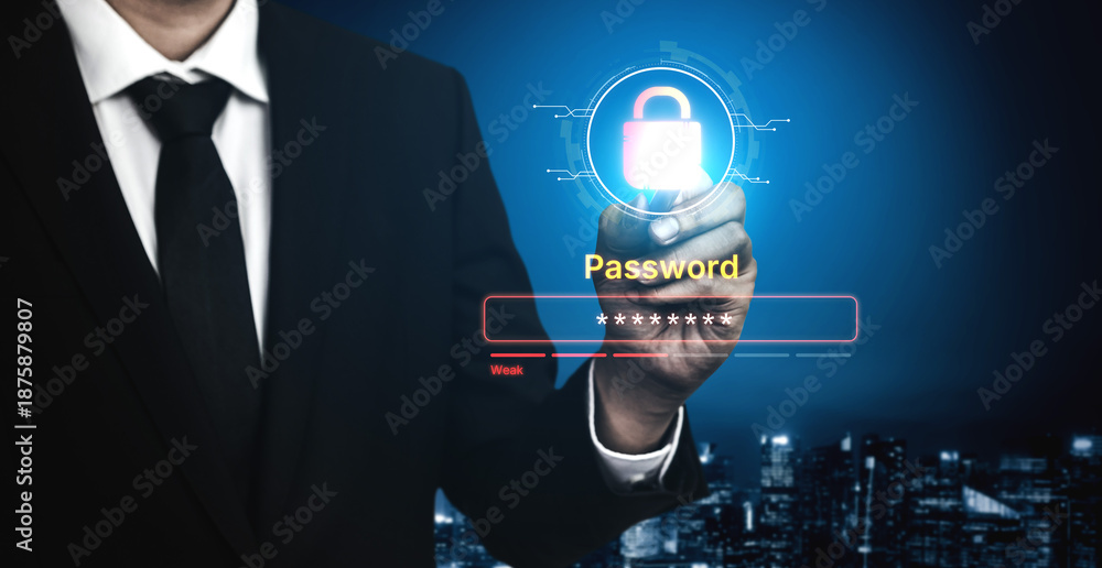 Obraz premium A concept of user authentication and password security. The interface shows a password strength meter, highlighting the importance of creating a strong code for account protection. Fermion