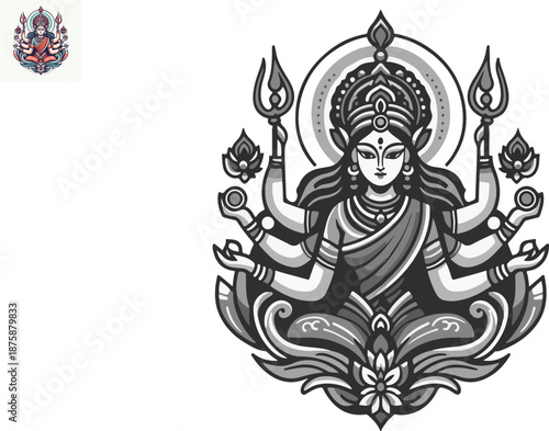 Artistic Representation of Shakti (Divine Feminine Power), Depicting a Goddess with Hands Raised in Abhaya and Varada Mudra (Fearlessness & Blessing)