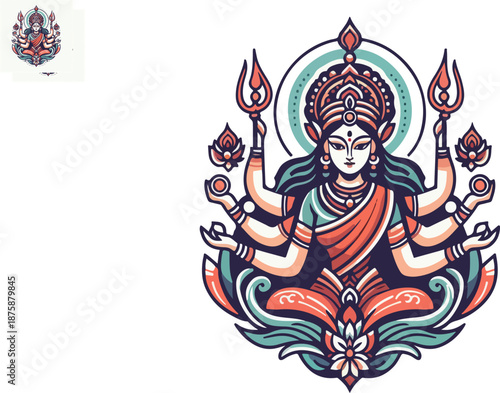 Artistic Representation of Shakti (Divine Feminine Power), Depicting a Goddess with Hands Raised in Abhaya and Varada Mudra (Fearlessness & Blessing)