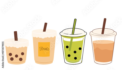 Cute bubble tea illustration set with assorted milk tea and matcha drinks in clear cups, featuring a clean flat style for café menus, beverage branding, packaging, and modern food graphics.