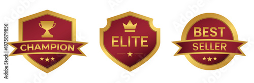 Elite champion and best seller badges in red and gold for premium recognition