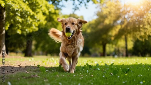 Happy dog running in park, playful pet outdoor lifestyle scene.