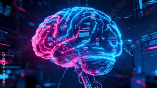 Glowing digital brain network, artificial intelligence and neural technology.