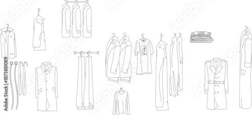 Technical vector collection of clothing and accessory elevation symbols, featuring trench coats, dresses, t-shirts, belts, and neckties for professional retail displays and closet interior design.