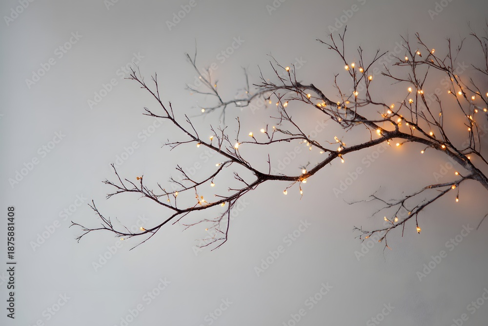 Obraz premium A bare branch adorned with warm fairy lights against a neutral wall