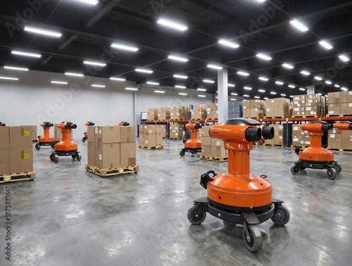Autonomous orange robots navigate a vast warehouse, moving palletized cardboard boxes under bright LED bay lighting.