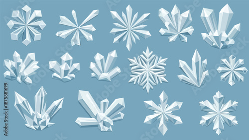 Collection of intricately detailed white snowflakes arranged on a light blue background with a flat lay composition.