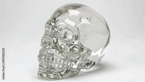 A clear glass skull sculpture with intricate details on a white background, captured in a close-up shot with a neutral mood.