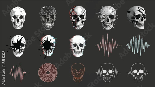 Collection of various skull illustrations with different designs and sound wave patterns on a dark background.