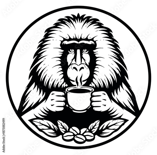 Black and white line art illustration of a baboon depicting holding a steaming coffee cup for coffee branding
