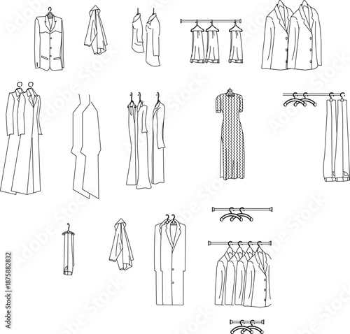 Technical vector collection of hanging apparel and wardrobe elements, featuring blazers, dresses, coats, and clothing racks in front and side elevation for retail and closet design.