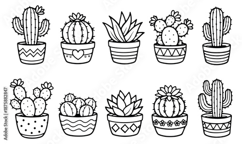 Hand drawn line art potted plants set featuring various succulent and cactus types in decorative planters for home decor or gardening themes